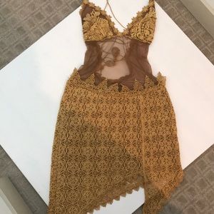 Gold A-Symmetrical Mesh/Lace Dress